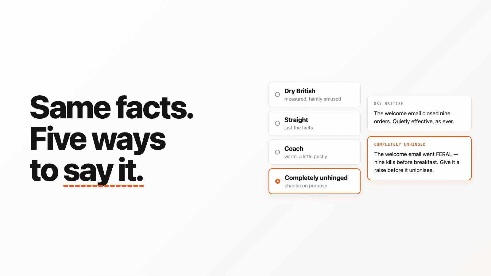 Same facts, five ways to say it: Dry British, Straight, Coach, and Completely unhinged. Dry says the welcome email closed nine orders, quietly effective as ever. Unhinged says the welcome email went FERAL, nine kills before breakfast, give it a raise before it unionises.
