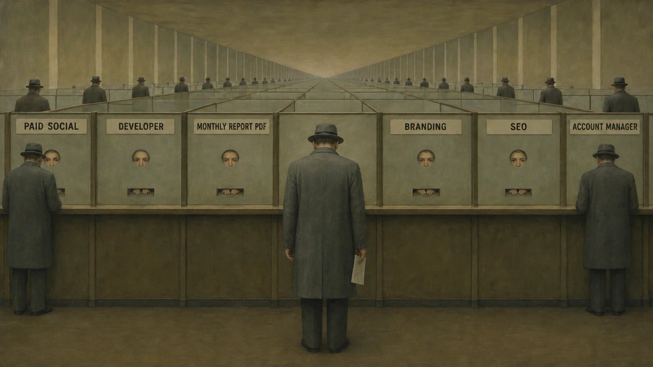 A George Tooker-style painting of men in grey overcoats and fedoras standing at an endless row of identical booths labelled Paid Social, Developer, Monthly Report PDF, Branding, SEO and Account Manager, each with a pair of eyes peering out of a small window, one man in the middle holding a sheet of paper