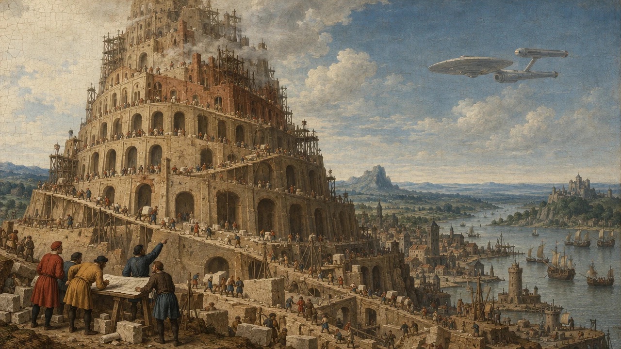 A Bruegel-style oil painting of the Tower of Babel under construction, scaffolding and hundreds of workers swarming its arches, a group of men in Renaissance dress studying plans on a table in the foreground, a harbor of sailing ships below, and the starship Enterprise gliding through the clouds overhead