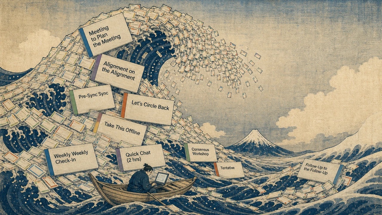 A Hokusai-style Great Wave made entirely of calendar invites titled Meeting to Plan the Meeting, Alignment on the Alignment and Let's Circle Back, about to crash on a lone worker typing on a laptop in a small boat