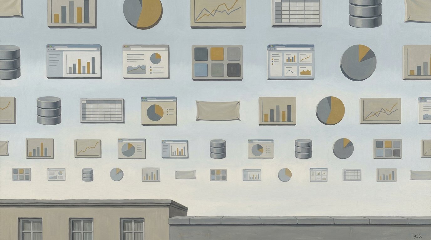 A Magritte-style painting in the style of Golconda, with dashboard widgets, pie charts, bar charts, and database icons raining from the sky over rooftops instead of men in bowler hats