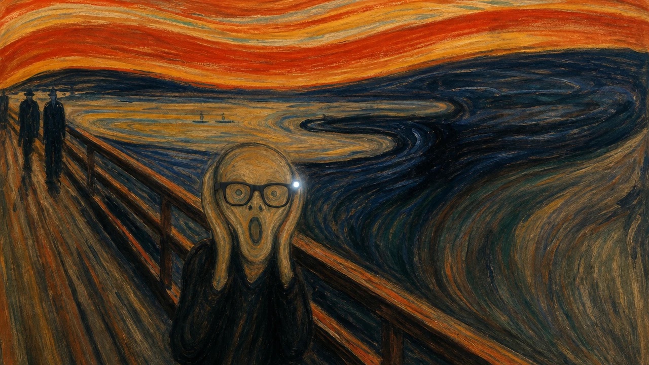 A version of Edvard Munch's The Scream with the screaming figure wearing black smart glasses, a white recording light glowing on the frame, under a swirling orange sky over the Oslo fjord