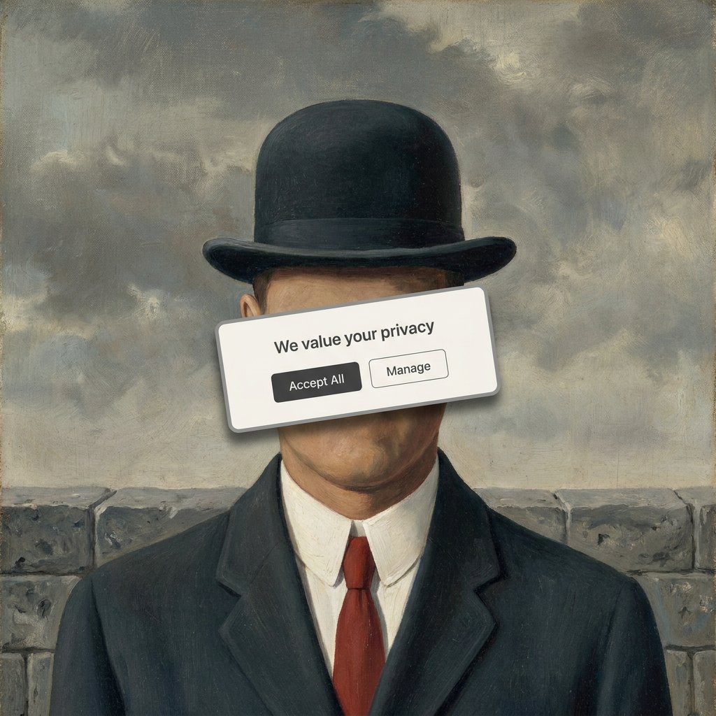 A Magritte-style Son of Man painting where the green apple is replaced by a 'We value your privacy' cookie consent popup with Accept All and Manage buttons
