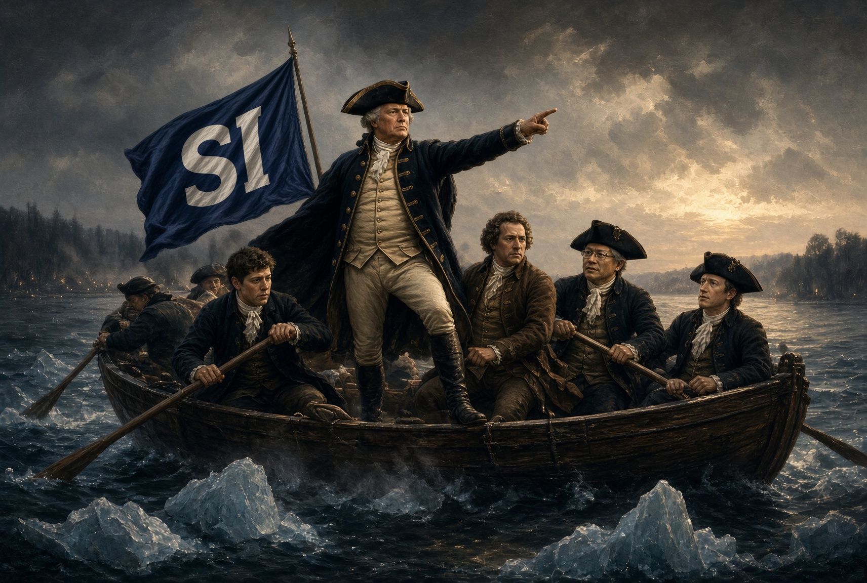 A Washington Crossing the Delaware-style oil painting of a general in a tricorn hat pointing ahead from a rowboat through icy water, tech executives rowing beside him, under a navy flag reading SI