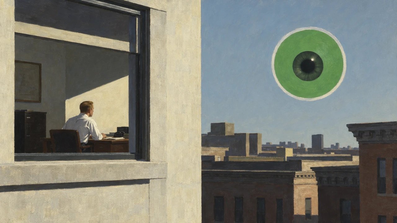 An Edward Hopper-style oil painting of a man in a white shirt alone at his desk in a sunlit office window, looking out over flat city rooftops at a giant green eye hanging in the blue sky like a Teams status dot